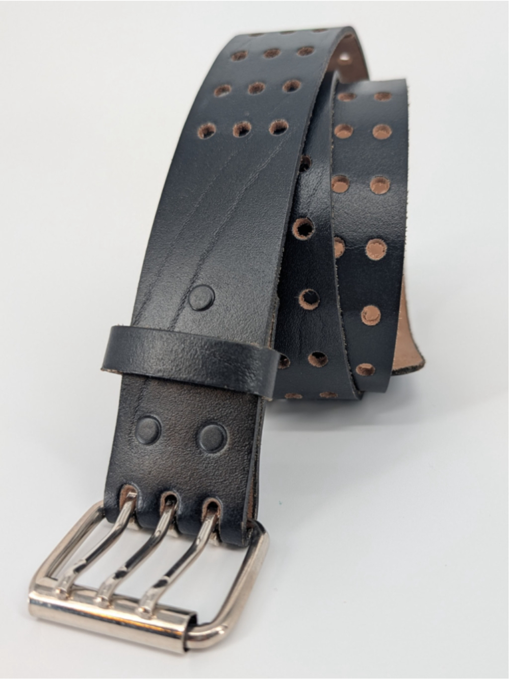 Black Top Grain Leather Triple Prong Belt XL 42-44 USA Made Punk Moto Goth - Picture 14 of 16